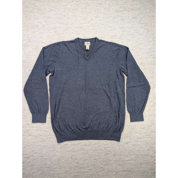 LL Bean Sweater Mens Large Tall Blue V Neck Cotton Cashmere Pullover Lightweight - Picture 1 of 9